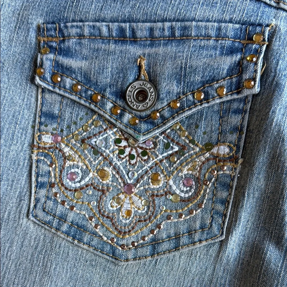 Angels Embroidered Vintage Flare Blue Jeans - Picture 2 of 7